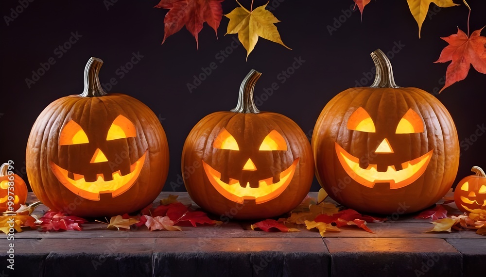 Fototapeta premium Decorative Halloween pumpkins with carved faces, autumn leaves, and a lantern