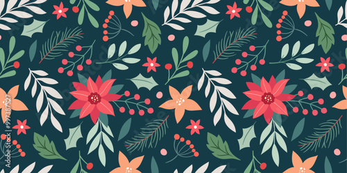 Christmas pattern with Poinsettia, plants. Christmas decoration
