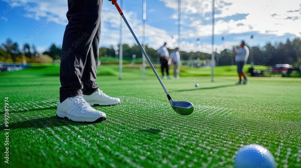 Obraz premium A man is playing golf with a group of people