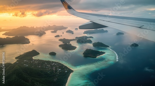 Aerial view of islands and coastline during sunset from an airplane window.