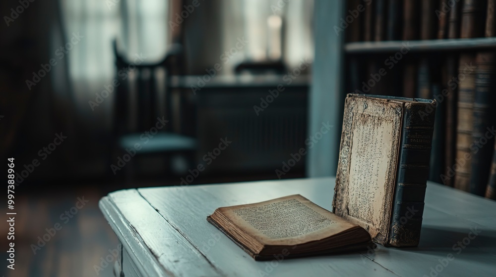 A book on a white table in the interior of a house. A book on a white table in the interior of a house.