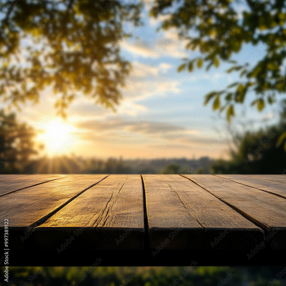 beautiful wooden table is set against backdrop of trees and stunning sunset, creating serene and inviting atmosphere. warm light enhances natural textures of wood, making it perfect spot for beautiful wooden table is set against backdrop of trees and stunning sunset, creating serene and inviting atmosphere. warm light enhances natural textures of wood, making it perfect spot for