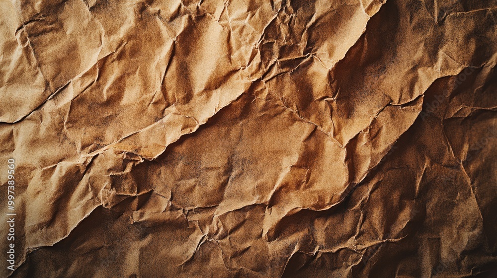 An old, crumpled brown parchment paper rich in texture is laid flat, creating an interesting visual with its deep wrinkles and creases An old, crumpled brown parchment paper rich in texture is laid flat, creating an interesting visual with its deep wrinkles and creases