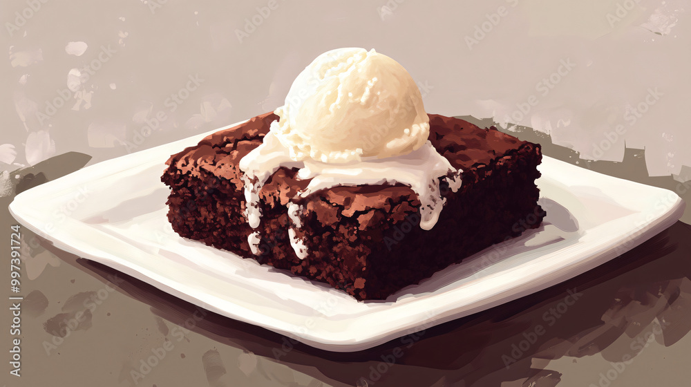 An illustration of a decadent chocolate brownie with a scoop of vanilla ice cream on top.