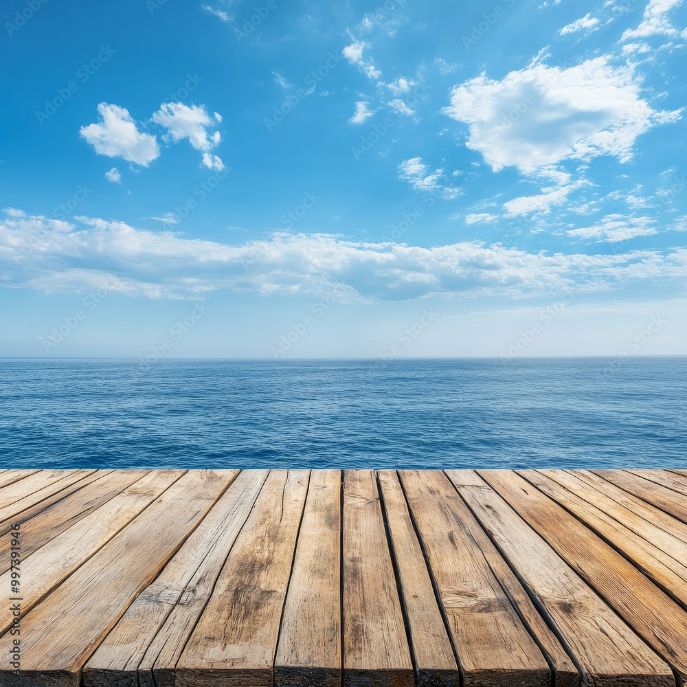 serene view of empty wooden deck overlooking calm sea under bright blue sky. tranquil atmosphere invites relaxation and contemplation serene view of empty wooden deck overlooking calm sea under bright blue sky. tranquil atmosphere invites relaxation and contemplation