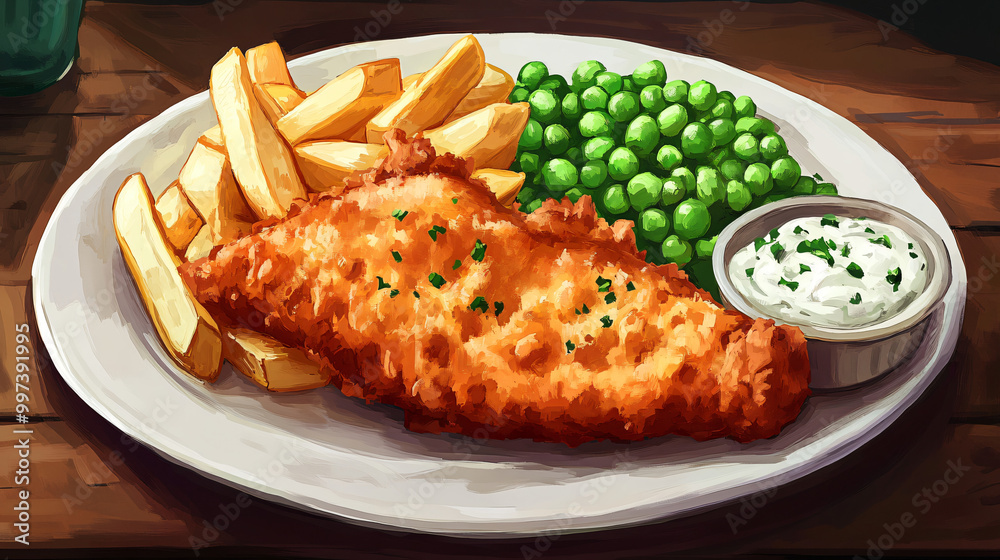 An illustration of a crispy fish and chips plate with tartar sauce and a side of peas. An illustration of a crispy fish and chips plate with tartar sauce and a side of peas.