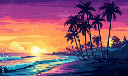 90s-style beach scene with neon palm trees, surfboards, and colorful sunset. Vector illustration.