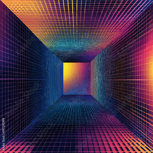 2D grid patterns morphing into 3D cubes and pyramids, with vivid color gradients and dynamic lighting effects. Vector illustration.