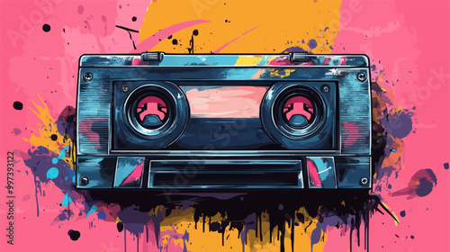 Cassette tape with mixtape label and 90s graffiti-style art on the case. Vector illustration.