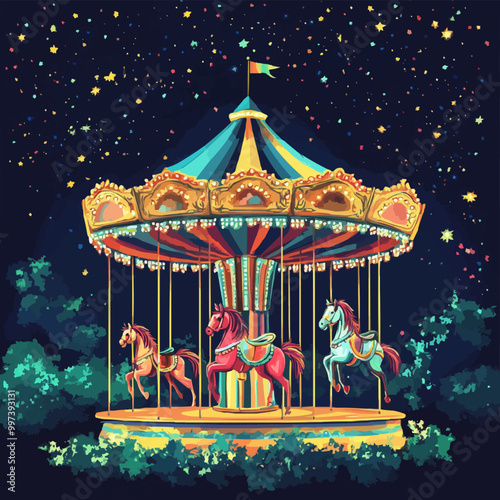 Carousel with brightly colored horses spinning joyfully under glowing, star-filled night sky. Vector illustration.