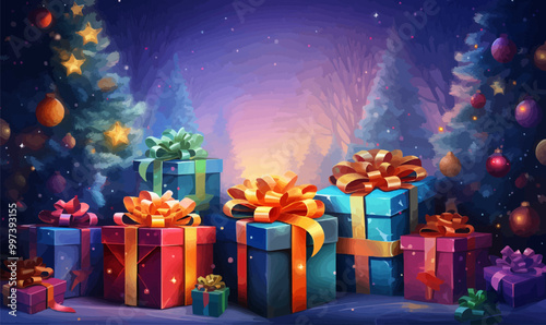 Christmas gift boxes wrapped in colorful paper and tied with ribbons, scattered under a tree. Vector illustration.