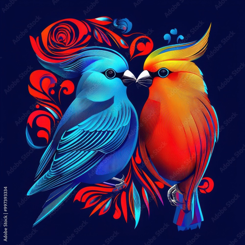 Fototapeta premium Two colorful birds facing each other with decorative floral elements.