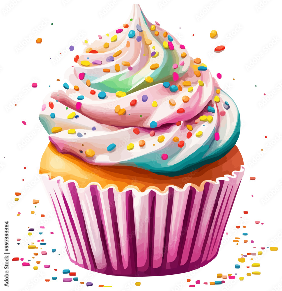 Cupcake with icing and sprinkles, isolated in a vibrant style. Vector illustration. Cupcake with icing and sprinkles, isolated in a vibrant style. Vector illustration.