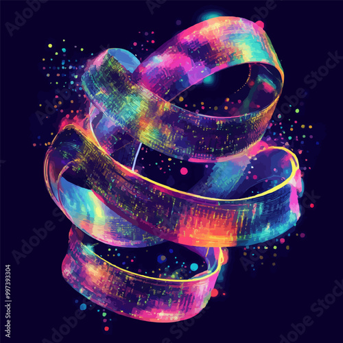 Colorful slap bracelets from 90s intertwined with digital glitch patterns and holographic overlays. Vector illustration.