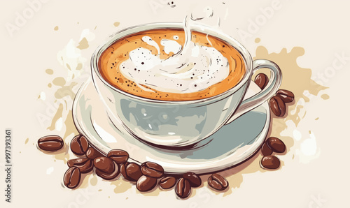 Cup of coffee with frothy milk art, isolated and surrounded by coffee beans. Vector illustration.