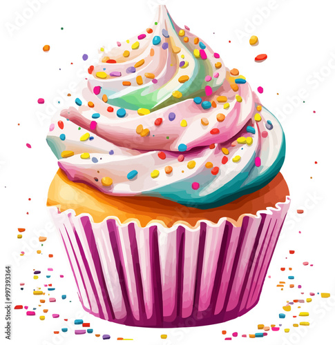 Cupcake with icing and sprinkles, isolated in a vibrant style. Vector illustration.