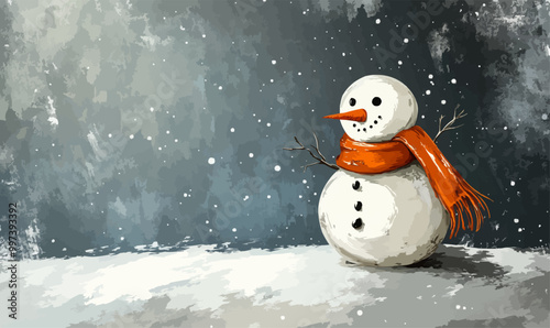 Distressed snowman with a tattered scarf, surrounded by rough, textured snow and dark shadows. Vector illustration.