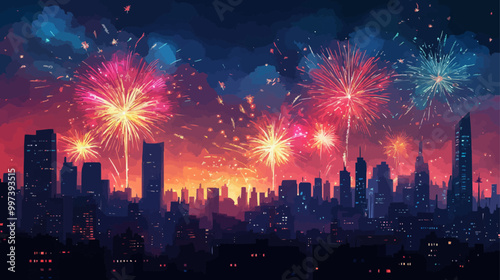 Festive vector illustration of colorful fireworks exploding over city skyline on New Year's Eve.