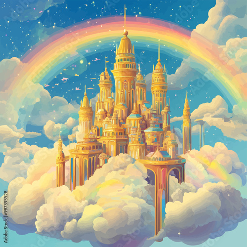 Fantastical floating city in the clouds with golden towers and rainbows arching across sky. Vector illustration.