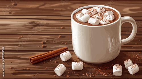 Flat design mug filled with hot chocolate, marshmallows, and a cinnamon stick on a wooden table.