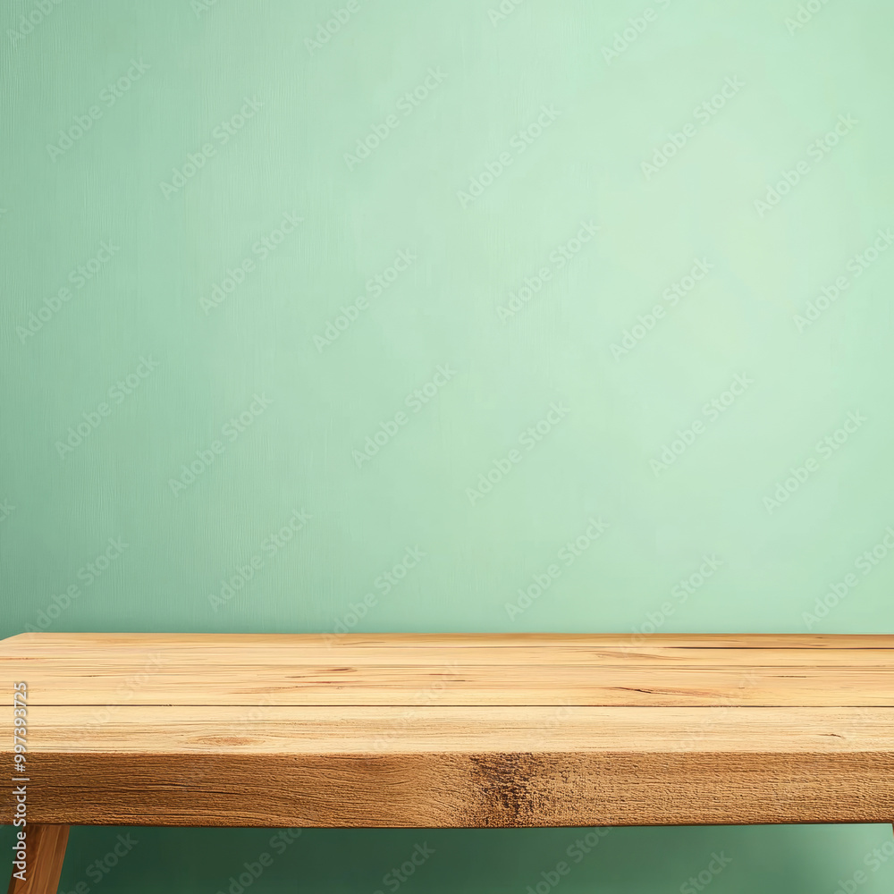 simple wooden table against soft green wall creates serene and inviting atmosphere, perfect for showcasing products or decor simple wooden table against soft green wall creates serene and inviting atmosphere, perfect for showcasing products or decor