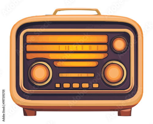 Flat design vector of a 1950s style radio with glowing dials and old-school buttons.