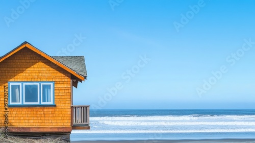A vibrant orange beach house near the ocean under a clear blue sky.