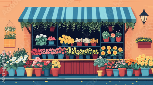 Flat design vector of a colorful market stall selling flowers and potted plants.