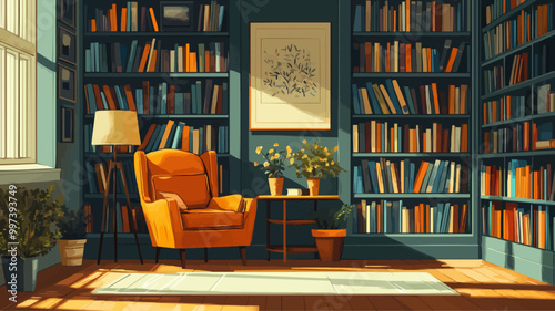 Flat design vector of a cozy reading nook with bookshelves, an armchair, and a lamp.