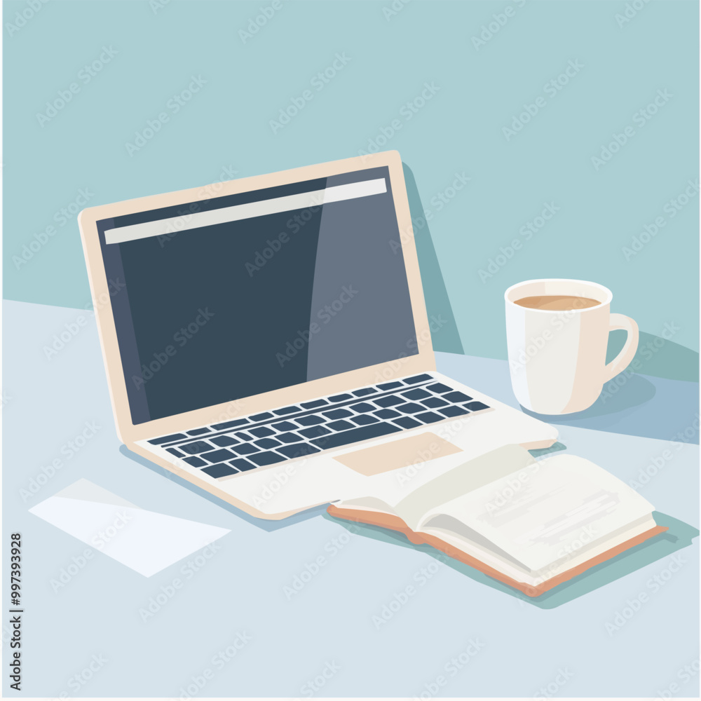 Flat vector of a laptop on a desk with a coffee cup and open notebook. Flat vector of a laptop on a desk with a coffee cup and open notebook.