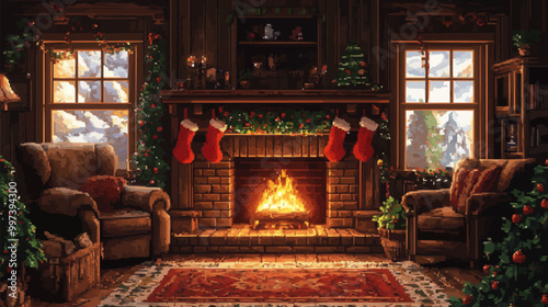 Pixel art fireplace with stockings hung and a crackling fire in a cozy living room.