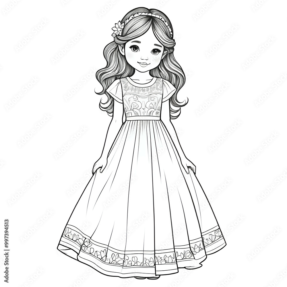 Fototapeta premium Coloring book page of a cute girl in long dress