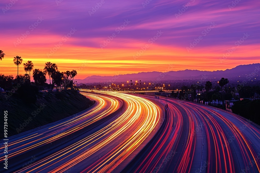 Naklejka premium Dynamic Time Lapse of Vibrant Sunset Over Highway