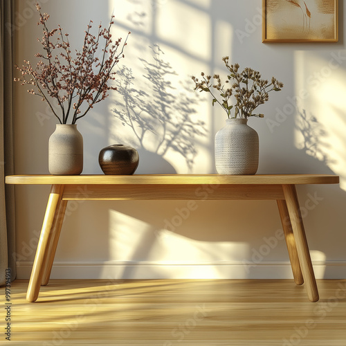 beautifully arranged wooden table showcases two elegant vases filled with dried flowers, casting soft shadows on wall. warm sunlight enhances serene atmosphere of room photo