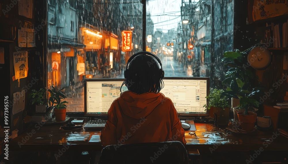 Calming LoFi scene in Japanese cartoon style a young person sitting at a desk with headphones by a rainy window Calming LoFi scene in Japanese cartoon style a young person sitting at a desk with headphones by a rainy window