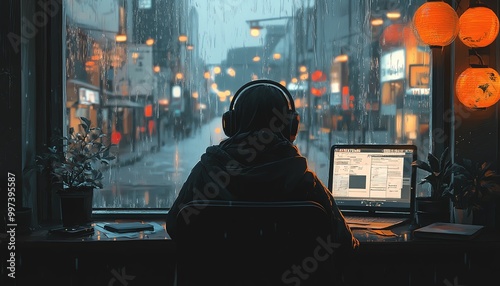 Calming LoFi scene in Japanese cartoon style a young person sitting at a desk with headphones by a rainy window