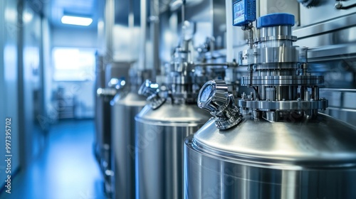 Industrial tanks in a sterile environment, likely for storage or processing of materials.