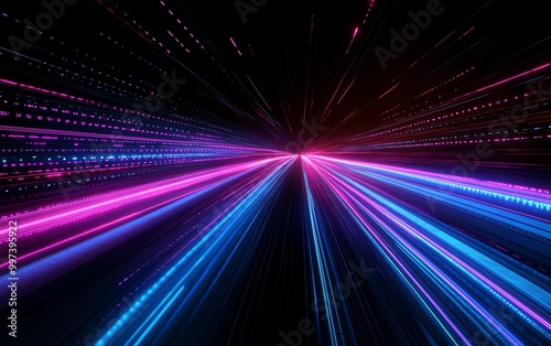 Futuristic image of blue and purple straight light track lines on a black background, evoking a technological and sleek appearance