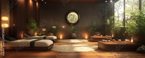 Interior of a Vietnamesestyle massage parlor with a stressrelieving Zen atmosphere, featuring wooden floors and peaceful decor, faces not included photo