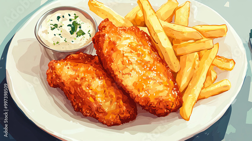 An illustration of a classic fish and chips meal with crispy fried fish fillets and golden fries.