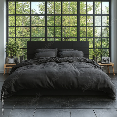 modern minimalist bedroom featuring large black bed with soft bedding, surrounded by large windows that offer view of lush greenery outside. serene atmosphere invites relaxation and comfort photo