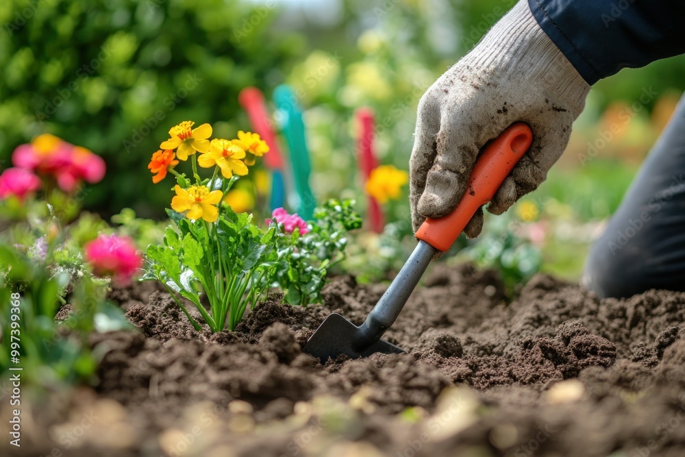 Skilled Horticulturist Digging in Flower Garden Skilled Horticulturist Digging in Flower Garden