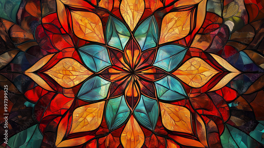A vibrant mandala with a stained-glass effect, combining blue, red, orange, and yellow colors in a geometric pattern A vibrant mandala with a stained-glass effect, combining blue, red, orange, and yellow colors in a geometric pattern