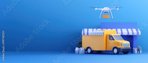 futuristic mini mart with delivery drone above yellow truck, showcasing innovation. photo