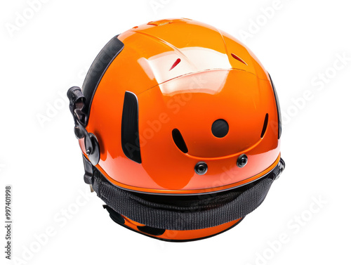 Vibrant orange helmet with adjustable strap on isolated white background. transparent background. photo