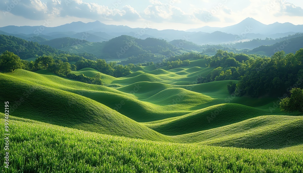 Fototapeta premium Lush green hills stretching into the distance with mountains on the horizon