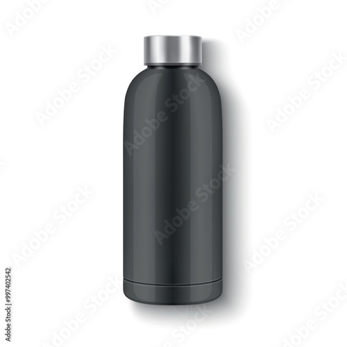 Vector Realistic 3D Black Blank Glossy Reusable Water Bottle with Silver Bung Closeup Isolated. Design Template of Packaging Mockup. Front View
