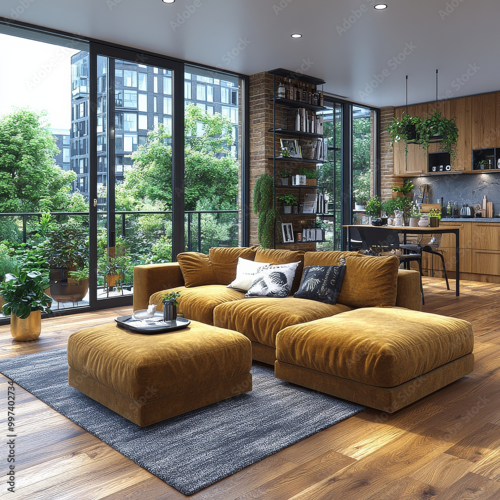 Obraz premium modern Scandinavian apartment featuring cozy living room with stylish mustard colored sofa, complemented by plush ottoman. space is filled with natural light, showcasing greenery outside and sleek