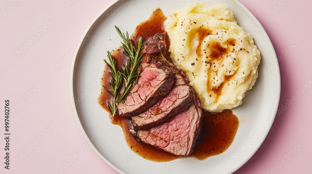 Savor the tender slices of roast beef drizzled with flavorful demiglace, accompanied by smooth, creamy mashed potatoes and fresh rosemary for garnish Savor the tender slices of roast beef drizzled with flavorful demiglace, accompanied by smooth, creamy mashed potatoes and fresh rosemary for garnish