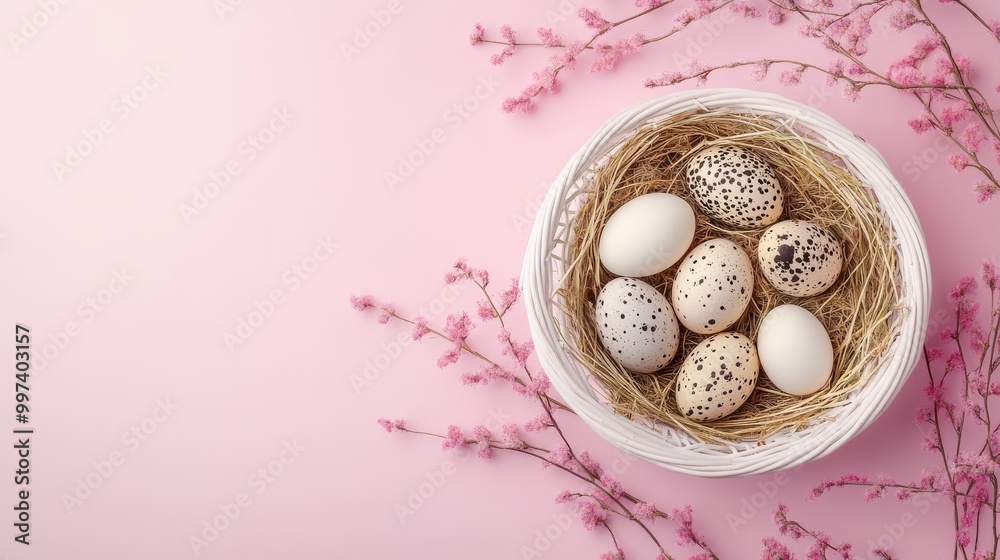 Quail eggs of varying colors are arranged neatly in a white basket filled with dry grass, complemented by delicate pink branches in the background Quail eggs of varying colors are arranged neatly in a white basket filled with dry grass, complemented by delicate pink branches in the background